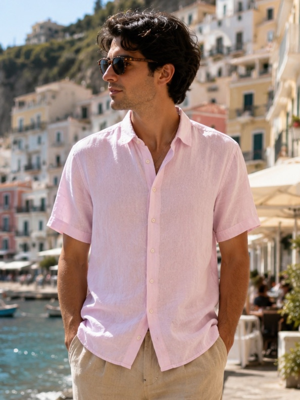 Porter & Ash Men’s 100% Linen Shirt Short-Sleeve Light Pink Size S